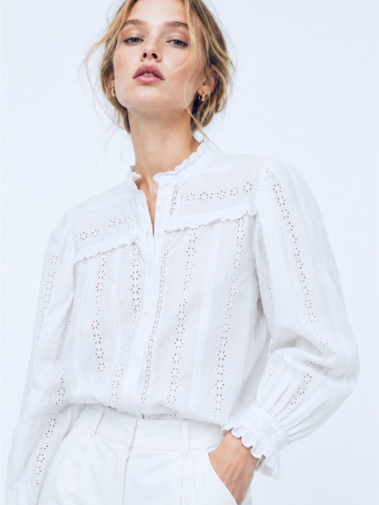 Zara Tops - ZARA White Eyelet Lace Blouse w Ruffle Trim Feminine Womens Top